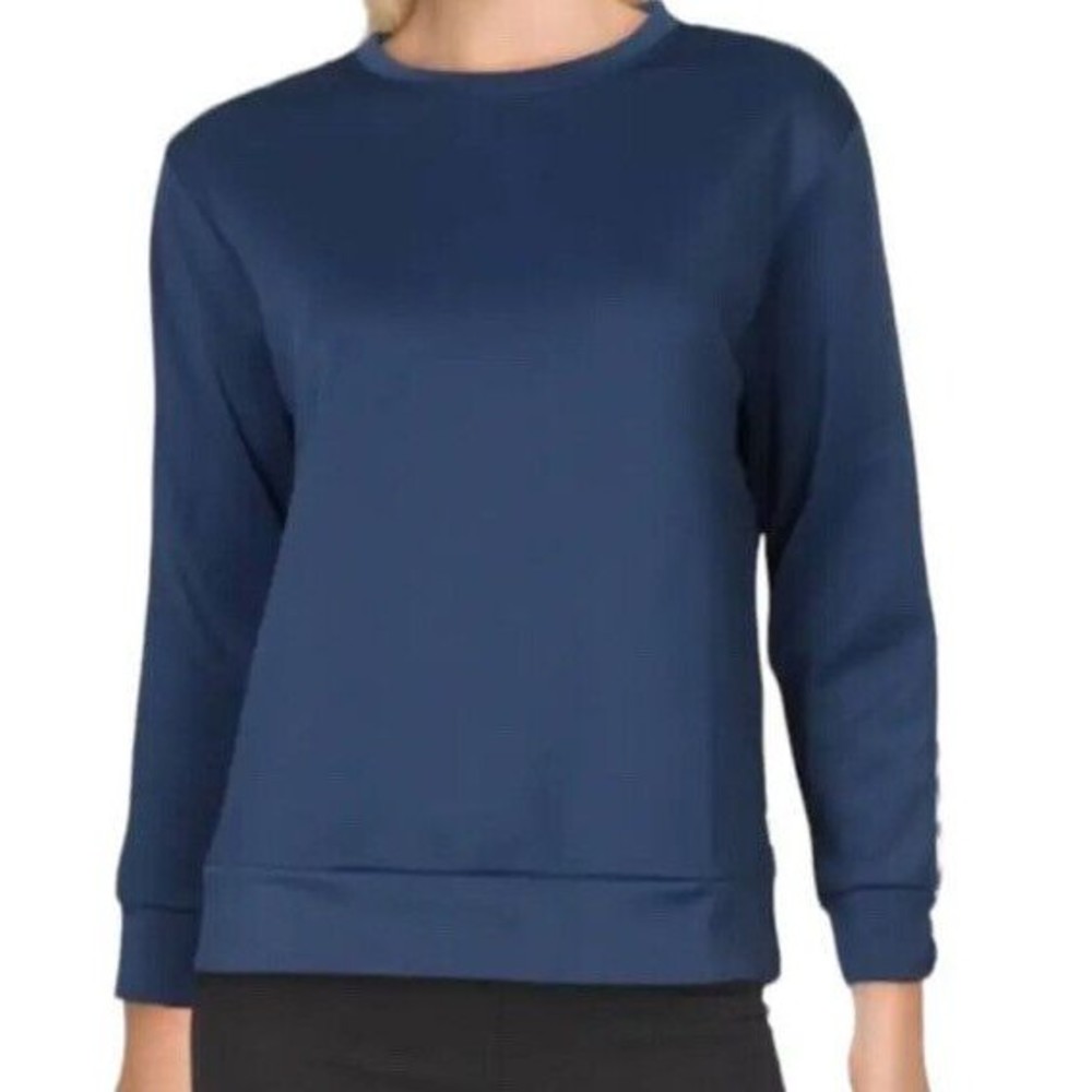 Nicole Miller Sport Women Large Blue Scuba Stripe Activewear Crewneck Sweatshirt